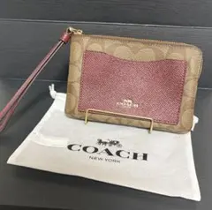 正規品COACH シグネチャーレザー ポーチ ベージュ/ワインレッド
