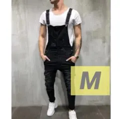 デニム サロペット オーバーオール ジーンズ オールインワン ブラック 黒 M