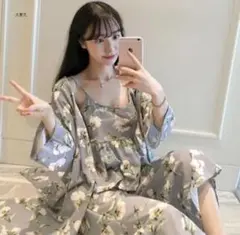 3点セット！ルームウェア ブラック 部屋着 パジャマ カーディガン XL花柄