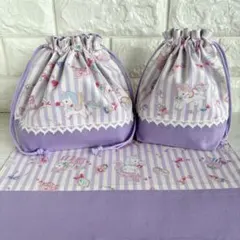ユニコーン　お弁当袋&コップ袋&ランチョンマット　紫　ゆめかわ　給食袋　巾着袋