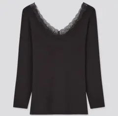 ユニクロ ヒートテックバレエネックT レース 八分袖 Lブラック