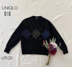 ユニクロ　UNIQLO クルーネックセーター　アーガイル柄　長袖　ネイビー　S
