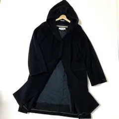 白タグ✨MaxMara フード付ロングコート カシミヤ混 紺 ライナー付 XL