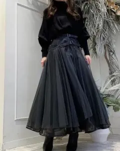 ラベルエチュード タックフリルボリュームチュールデニムスカート
