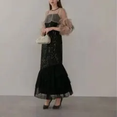 leja フラワースパンコールチュールフリルスリーブIラインワンピースドレス 黒