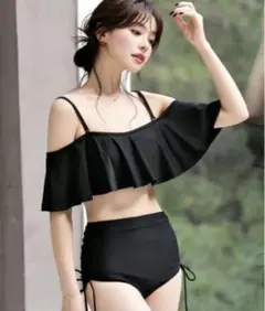 水着 オフショル風フレアバイカラー配色ハイウエストビキニ レディース ブラック