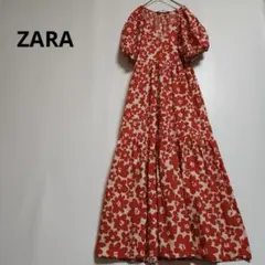 ZARA フラワープリントポプリンVネックワンピース　ミディドレス