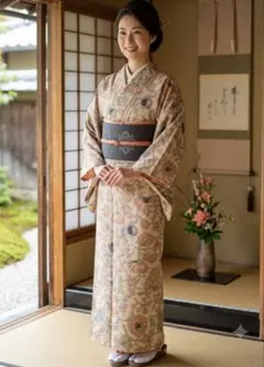 小紋 着物 花柄 ベージュ系 正絹　大正ロマン　アンティーク　紬のサムネイル