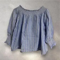 ディスコート Discoat ブラウス オフショルダー ストライプ柄 麻 M 青