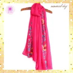 新品　薄手　大判　ストール　ピンク　花柄　刺繍　インポート　海外製　韓国女子