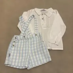 babidu 水色チェックオーバーオールセット