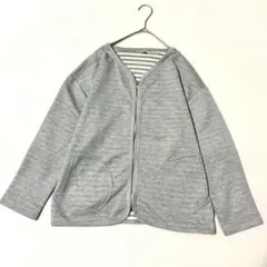 ノーカラー ジップアップジャケット（L）裏ボーダー 丸ポケット ライトアウターのサムネイル