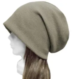 ハンドメイド◆ルーズワッチキャップ(ゆったり)◆ワッフル織コットンニット／カーキ