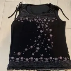 【美品】花柄ラメプリント・タンクトップ 黒