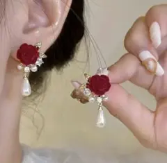 【♡お買い得♡】レディースファッション 赤いバラの造花ピアスおしゃれ