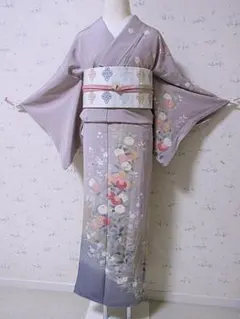 オススメ ￼訪問着 枝花文 ピンク 菊 正絹 4点フルセット 袋帯 Lサイズ