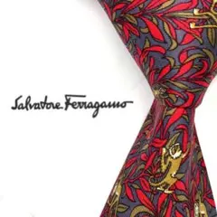 ◆美品◆Salvatore Ferragamo ネクタイ 赤色 モンキー柄