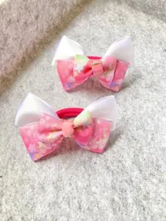 和柄ピンクリボンのヘアゴム