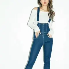 GRL フロントジップデニムサロペット M　ブルー　オーバーオール◆A706