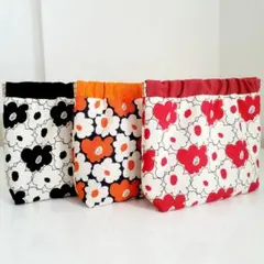 北欧　花柄　バネポーチ　3点セット　ハンドメイド　ポーチ　赤　オレンジ　黒