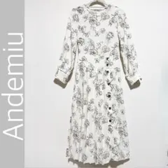 【美品】アンデミュウハナガラプリーツワンピース 花柄　長袖　春ロングワンピース