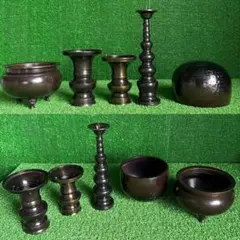 黒光色 （香炉/花立/燭台/おりん/りん棒/布団）仏具8点セット 真鍮製 