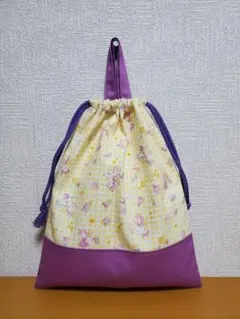 持ち手付き巾着袋 上靴袋 お道具袋 ギンガムユニコーン×パープル