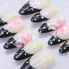 1056 ネイルチップSサイズ 韓国 ガーリー 黒フレンチ ドット 立体フラワー
