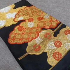 ◆1705◆六通柄　袋帯　黒地に雲形　吉祥柄　牡丹　菊花　正絹　着物