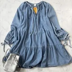 新品✨H&M デニムワンピース　ティアード　リボン　フレア◆8582
