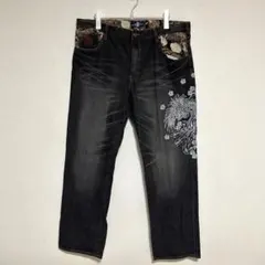 豊天商店ブーテンショウテン デニム ジーンズ 和柄 鳳凰 刺繍 花柄 黒系 5L