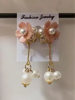 【ピアス】ピンク花とパール
