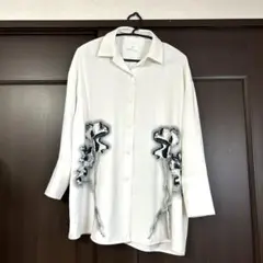 ZARA フラワープリント刺繍半袖ブラウス&ロングパンツ セットアップ 白 