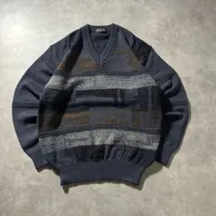 ネイビー Ｖネック デザイン ニット 古着