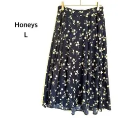 ハニーズ◉ロングスカート L 紺 花柄 フレア 後ろウエストゴム 前後差裾♡美品