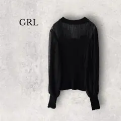 GRLシースルー チュール袖 リブニット シアー切替 バルーンスリーブ 長袖