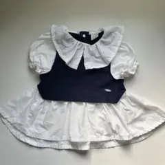 petit mainネイビーとホワイトのフリル襟トップス