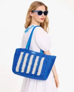 【新品未使用】katespade青 ストライプ トート ポーチ付 ケイトスペード