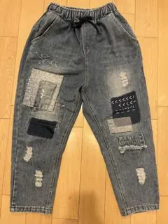 パッチワーク ブルーデニムパンツ ダメージ加工