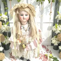 アンティーク ビスクドール ジュモー ピンク ドレス ボネ カメオ ネックレス