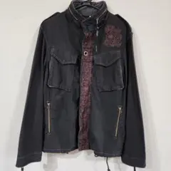 空 ku 刺繍入りブラックミリタリージャケット 和風 和柄 オリエンタル