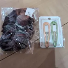 シュシュ ヘアゴム ヘアピン 2点セット チェック柄 オレンジ グリーン