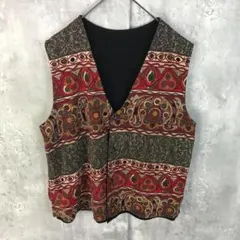 美品 ベスト(M)黒/裏ペイズリー柄/リバーシブル/ノースリーブ/ボタン式