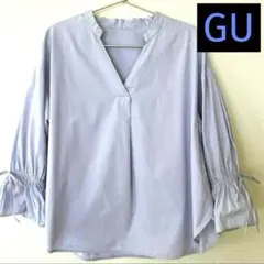 値下げ！ GUライトブルー Vネックリボン付シャツ