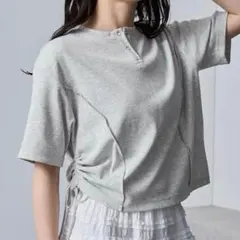 nui nulluサイドシャーリングリボンヘンリーネックリブTシャツ
