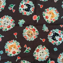 猫柄の綿プリント生地 ブラウン