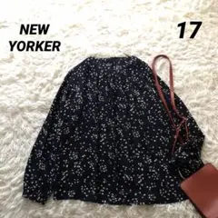 美品✨ニューヨーカー【17号】近年　総柄スキッパーブラウス　大きいサイズネイビー