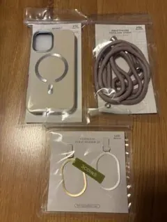 iPhone 16用ベージュケースとストラップなどの3点セット