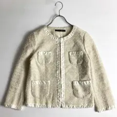 グリーンレーベルリラクシング　ノーカラー　ツイードジャケット　セレモニー　L相当のサムネイル