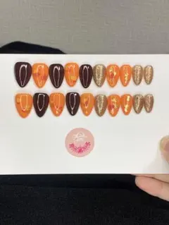 オレンジ・ブラウン・ゴールド ネイルチップ 12個セット